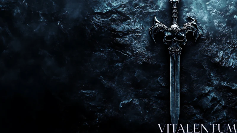 Runeblade with skull hilt rests on icy textured wall.