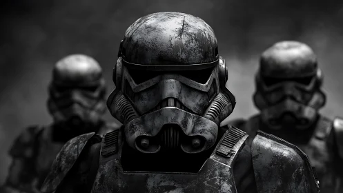 Steel sentinels march forward through smoky monochrome dread