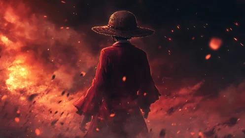 Straw hat figure in red coat walking through burning embers.