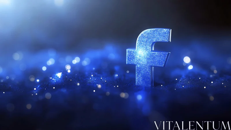 Glittering blue lowercase f symbol on diffuse luminous ground.