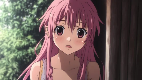 Pink haired anime girl looks surprised in outdoor lighting