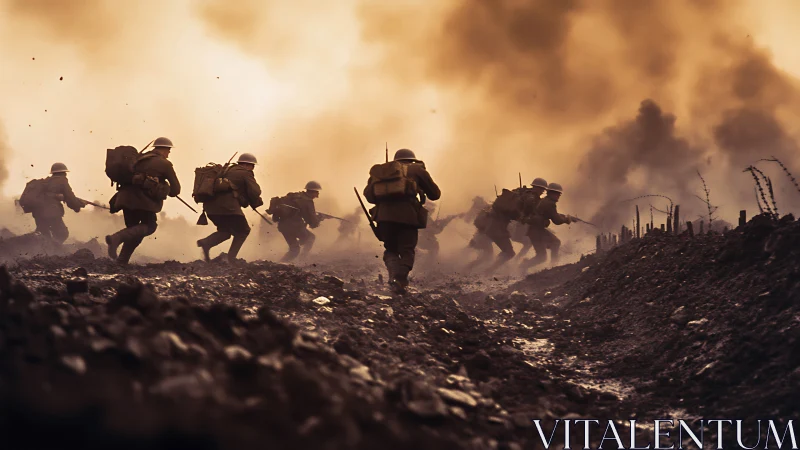 Mud and smoke swallow charging soldiers in a trench rush