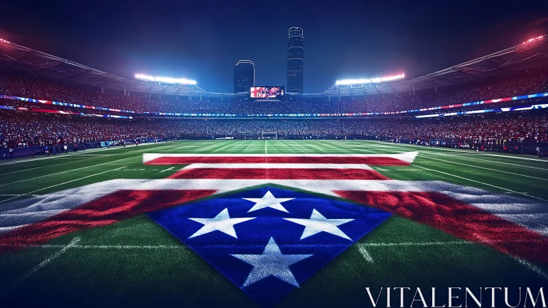 Night football stadium with patriotic turf graphic centerpiece.