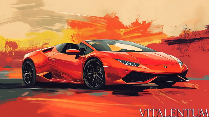 Low-angle rendering of red supercar over dynamic abstract backdrop