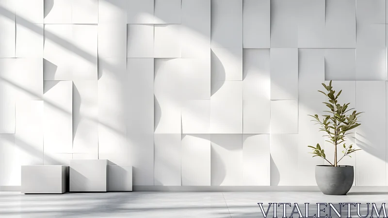 Parametric relief wall with potted plant in controlled daylight.