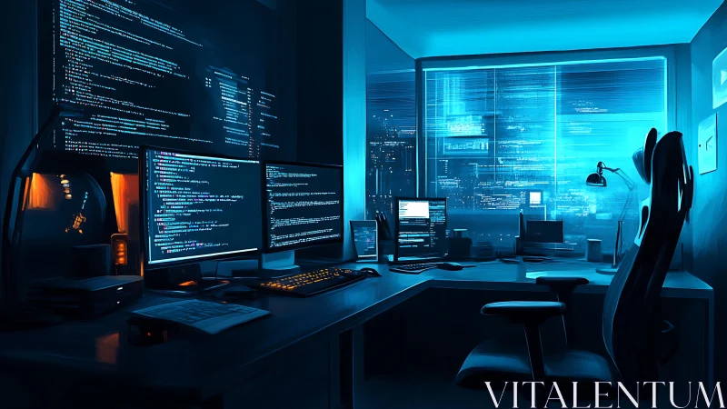 Glowing programmer workspace invites late night coding focus