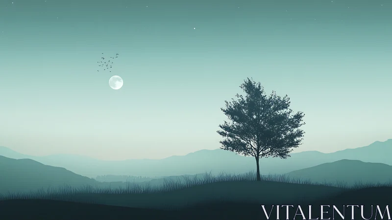 Silent moonlit tree over misty teal mountain horizon.