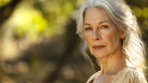 Elegant senior woman with silver hair in sunlit outdoor portrait.