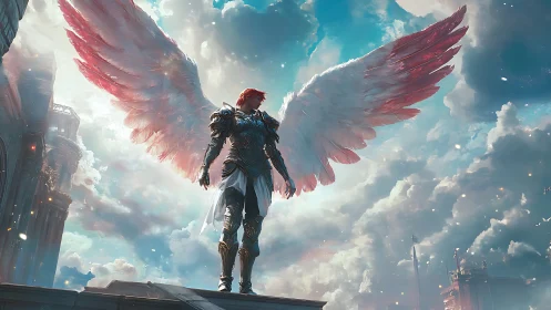 Armored red haired angel poised on ledge above luminous clouds