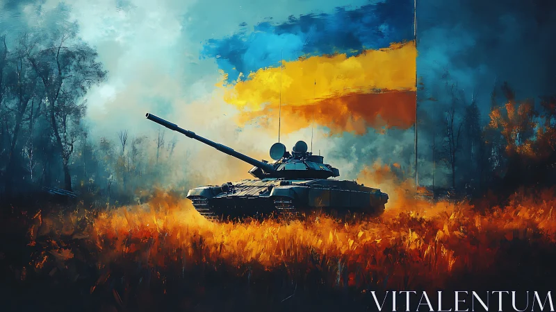Ukrainian tank advances beneath bold blue yellow banner.