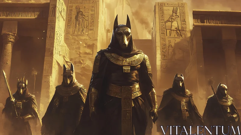 Armored jackal-headed warriors advance through sand-lit temple ruins