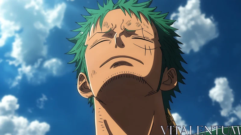 Green-haired anime warrior closes eyes beneath bright sky.