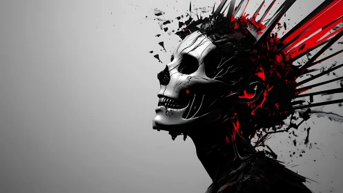 Shattered skull visage erupts in red and black chaos