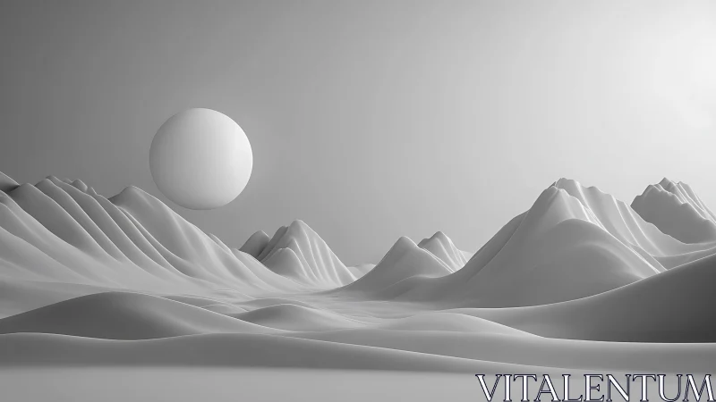 Monochrome 3D landscape with smooth hills and sphere sun.