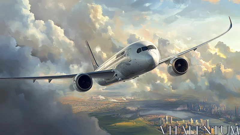 Digital painting of airliner over luminous coastal metropolis.