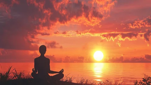 Sunset meditator cradled in molten tangerine sky glow.