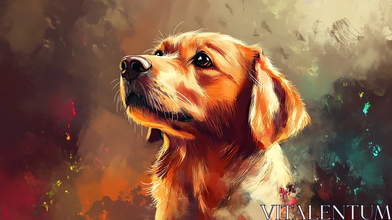 Digital portrait of golden dog against abstract background.