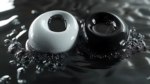 Monochrome torus forms on reflective liquid surface in closeup.