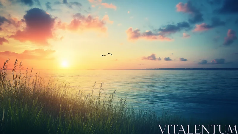 Coastal sunrise gradient over still water with silhouetted reeds.