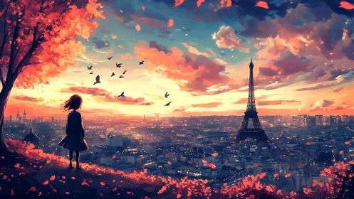 Autumn skyline over Paris with girl and glowing sunset.