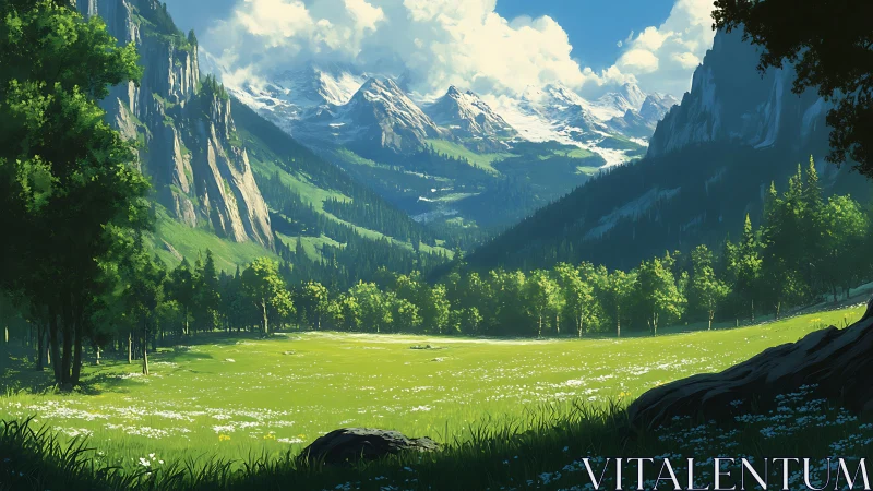 Sunlit alpine meadow whispers beneath distant snowy crowns