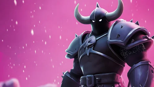 Horned black knight in stylized armor under pink snowfall