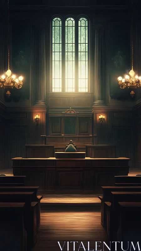 Sunlit wooden courtroom stands silent in solemn stillness.