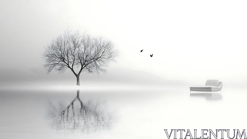 Solitary winter tree and modern chaise in misty reflective void
