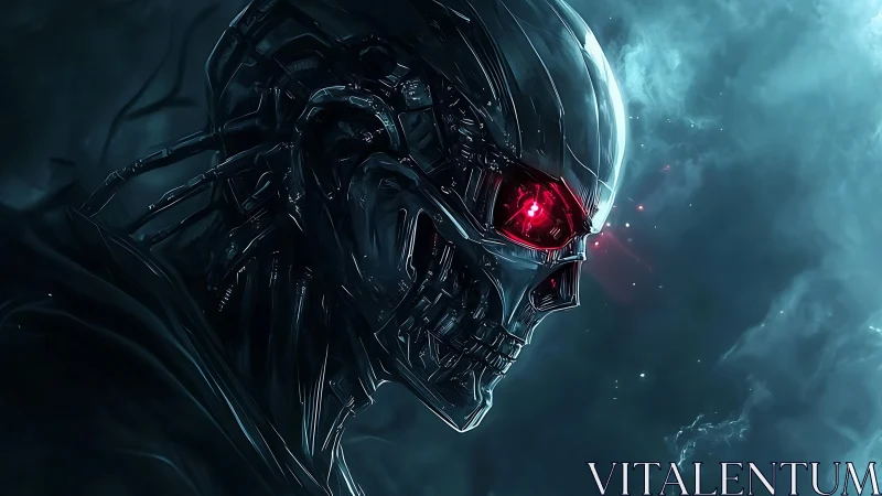 Metallic skull-like cyborg head stares outward in cold light.