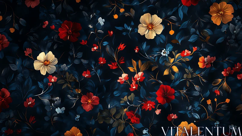 Botanical composition with layered florals against dark background.