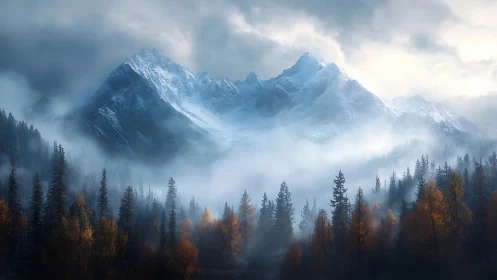 Snow peaks rise above misty forest in autumn twilight.