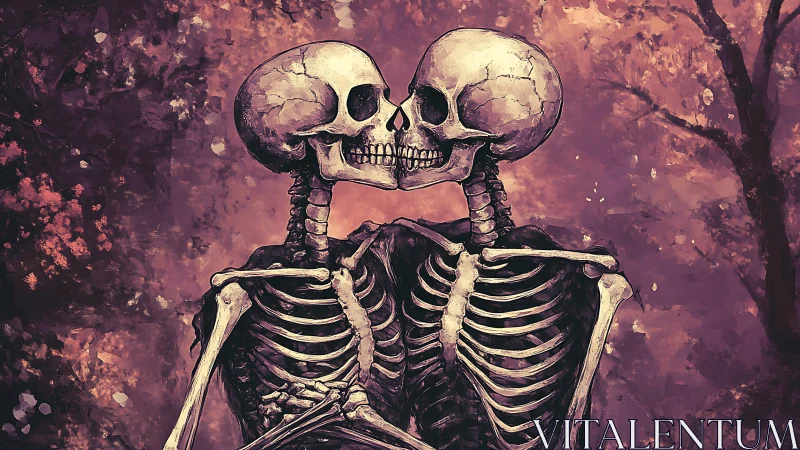 Enduring skeleton lovers share a tender kiss in autumn glow