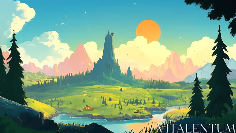 Sunlit valley landscape with towering central spire citadel