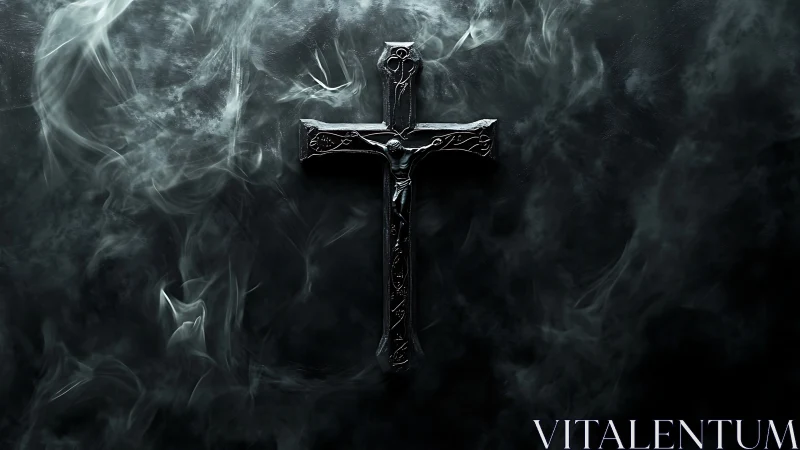 Dark metal crucifix emerges from swirling ethereal smoke