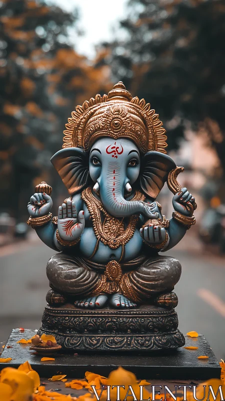 Serene blue Ganesha idol on street altar with marigolds.