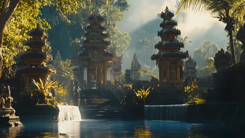 Sunlit Balinese temple complex framed by terraced waterfalls