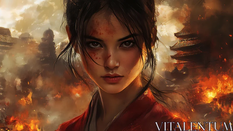 Fierce warrior girl emerging from a burning city of embers.