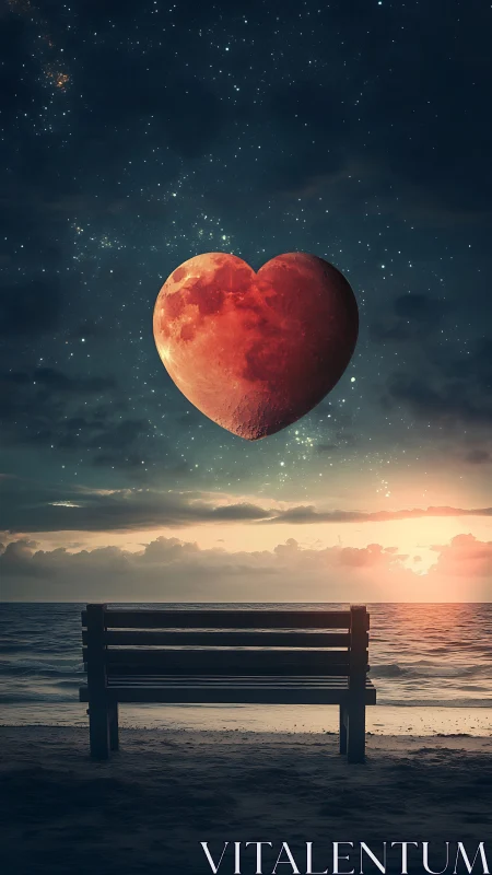 Heart-shaped red celestial object suspended above coastal bench at dusk