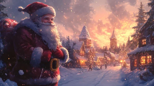 Santa in snowy village at golden winter sunset.