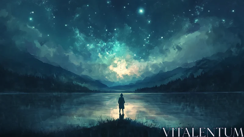 Solitary dreamer beneath upside‑down galaxies of lake light.