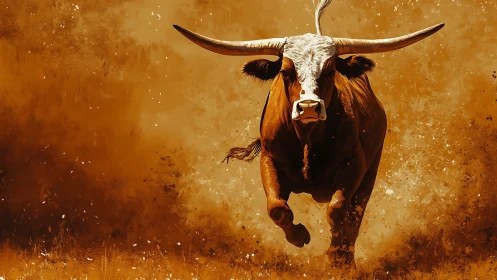 Dust-charged longhorn rushes through a burning ochre storm.