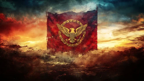 Eagle of the crimson empire rising through stormlight skies.