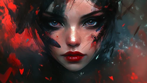Crimson ember-eyed muse emerging from painted shadows.