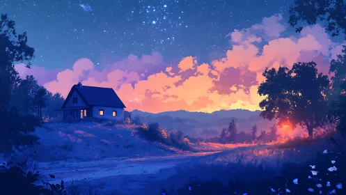 Lonely hill house glows beneath vivid twilight sky