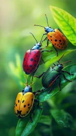 Macro study of multicolored beetles on dewy green foliage