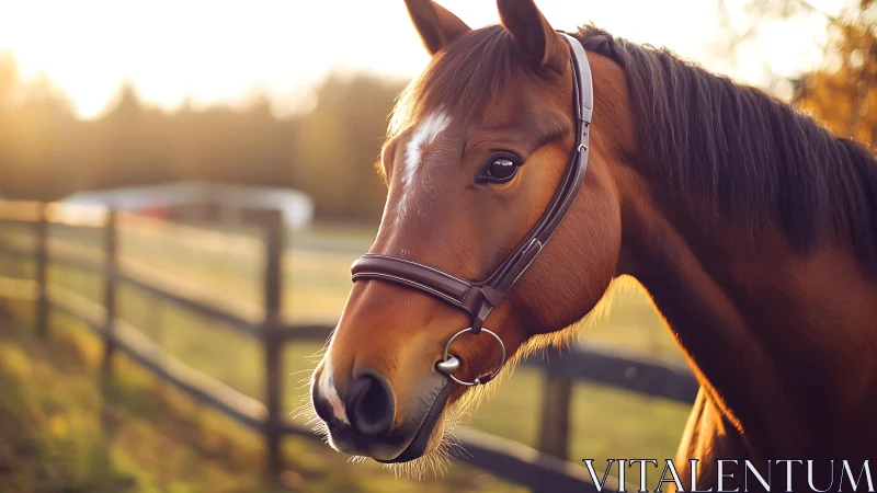 Golden-hour barn friend with sunlit chestnut curiosity.