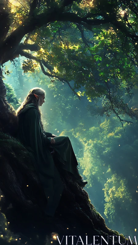 Quiet elven guardian rests beneath a glowing forest canopy
