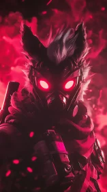 Cybernetic fox operative in gas mask amid crimson particle haze.
