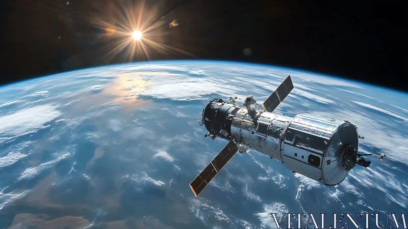 Earth orbit satellite with sun over blue clouded planet.