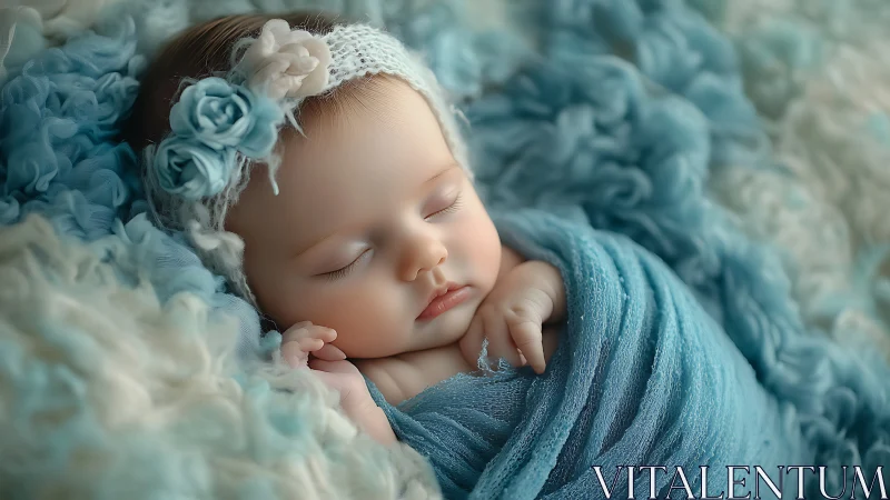 Sleeping infant with floral headpiece arrangement and textured fabric wrapping.